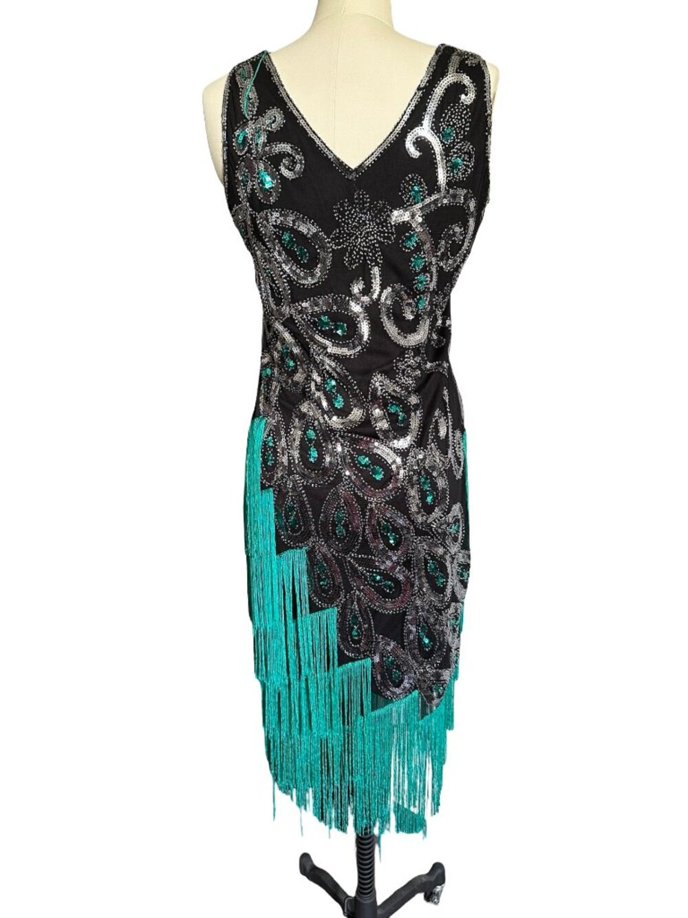 1920s Art Deco Flapper Dress Fringe Sequin Halloween Costume Beaded Peacock L